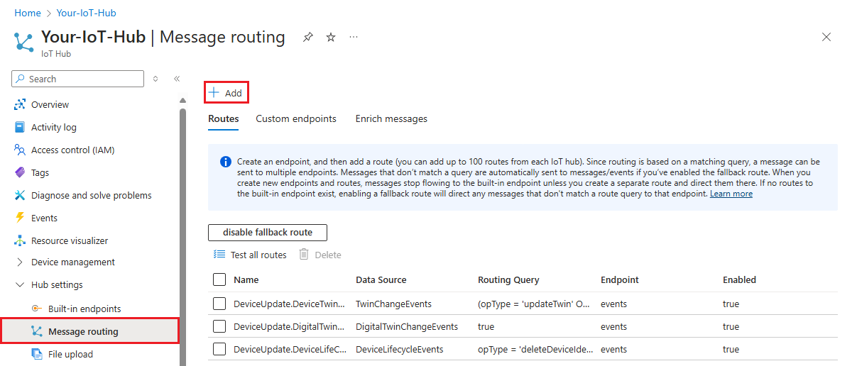 Screenshot that shows location of the Add button, to add a new route in your IoT hub.