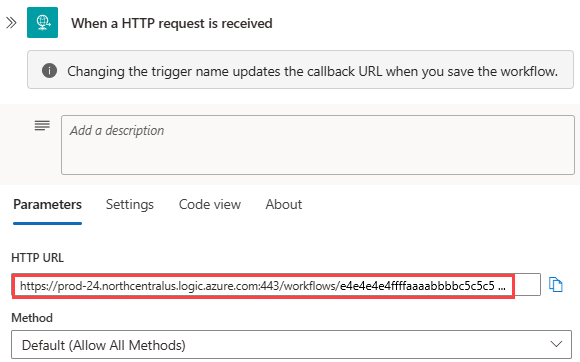 Screenshot shows Consumption workflow, Request trigger, and generated callback URL for endpoint.