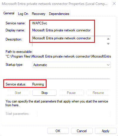 Screenshot that shows the Microsoft Entra private network connector status as Running.