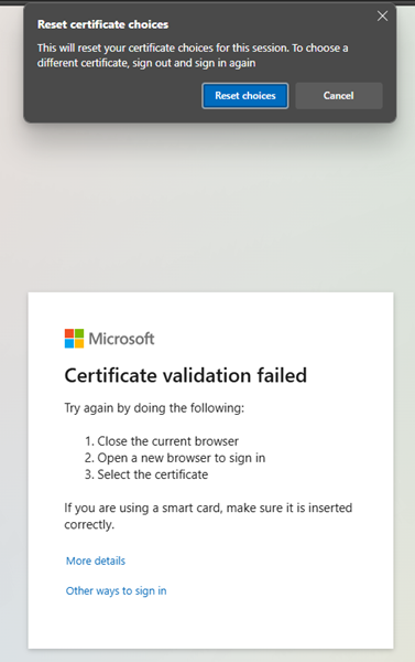 Screenshot of edge browser certificate choice reset acceptance.