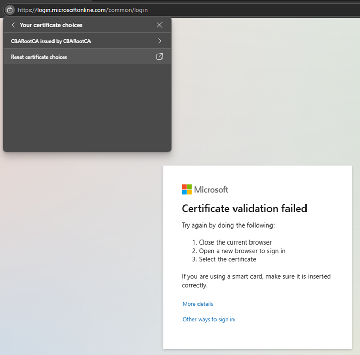 Screenshot of edge browser certificate choice reset.
