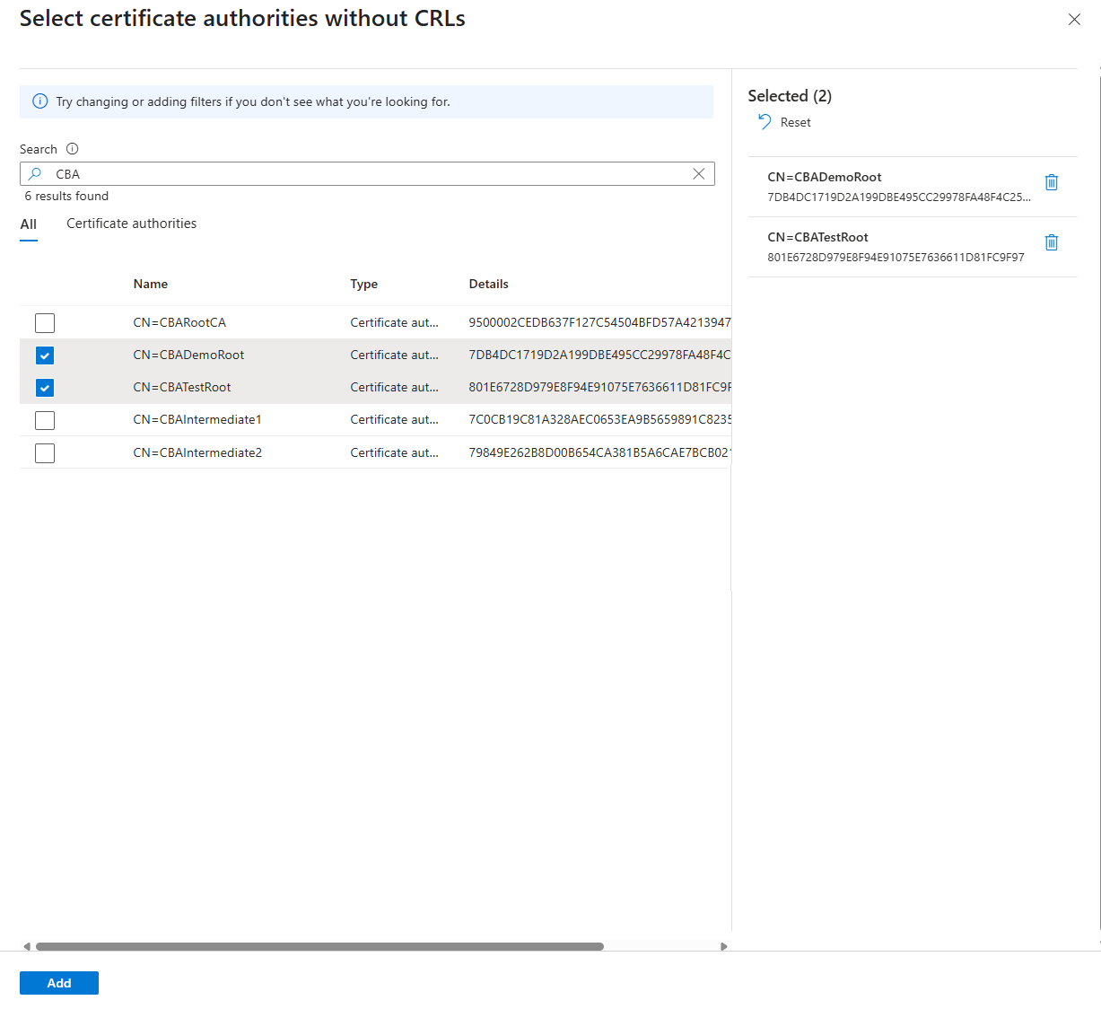Screenshot of CAs that are exempted from CRL validation.