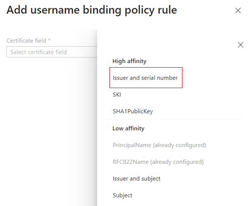 Screenshot of how to select Issuer and Serial Number.