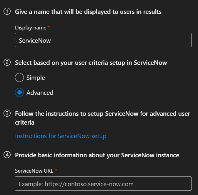 Screenshot containing the Advanced flow selection in the Copilot connector setup.