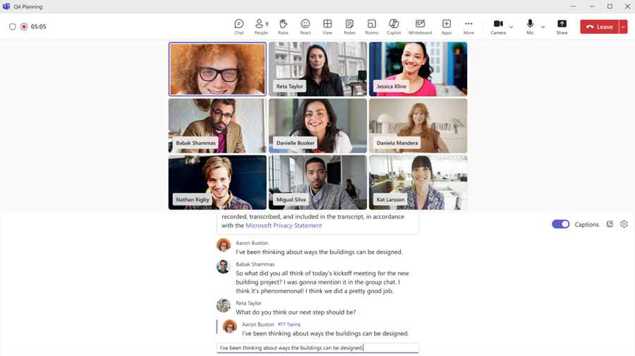 Screenshot of a Teams meeting where participants are using RTT.