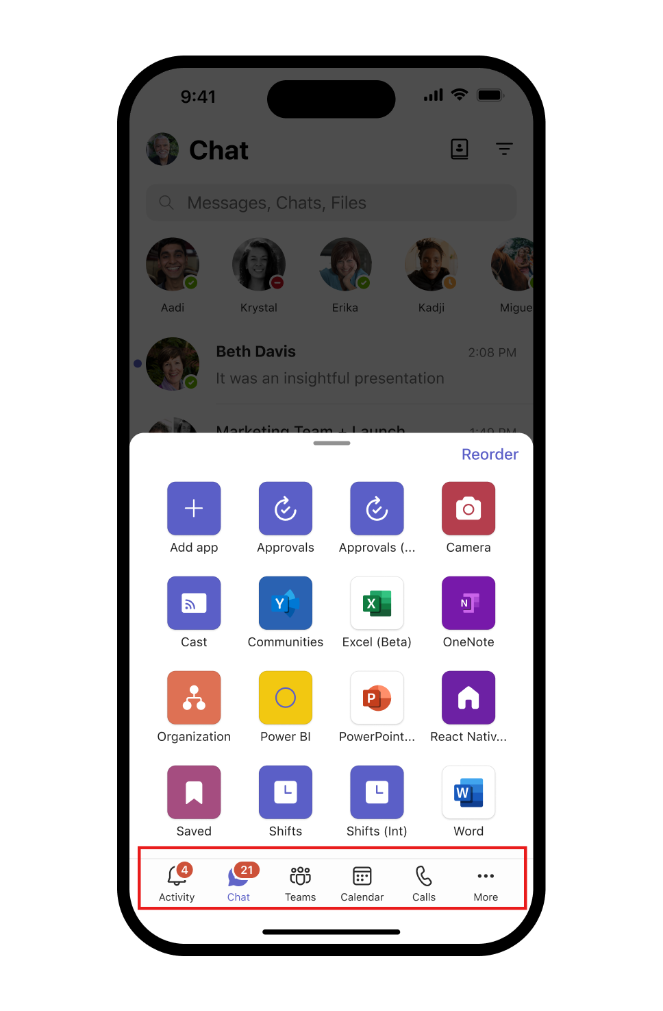 Screenshot of Microsoft Teams mobile app showing the Chat screen with the app drawer open and the bottom app bar highlighted.