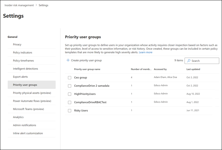 Insider Risk Management priority user group settings