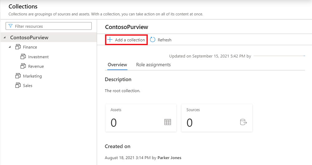 Screenshot of the classic Microsoft Purview governance portal window, opened to the Data Map, with the Collections tab selected and Add a Collection highlighted.