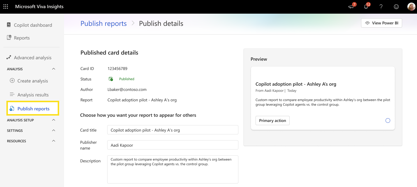 Screenshot that shows the publish reports landing page.