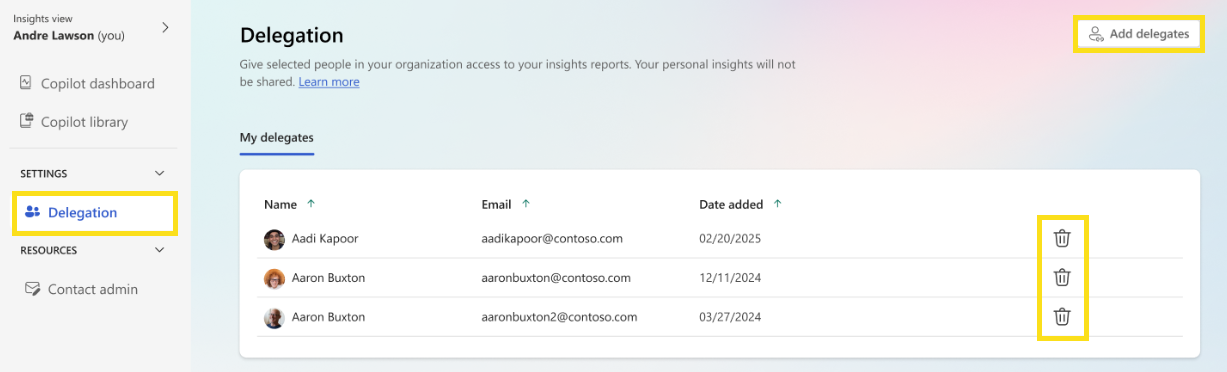 Screenshot showing how to delegate access and revoke access for Copilot Dashboard.