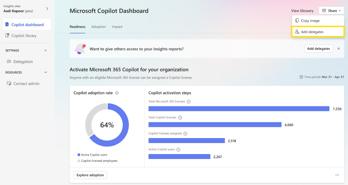Screenshot showing how to add delegates within the Copilot Dashboard.