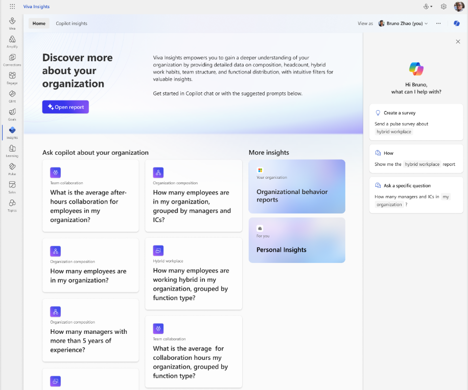Screenshot that shows the Copilot reports for organization insights.