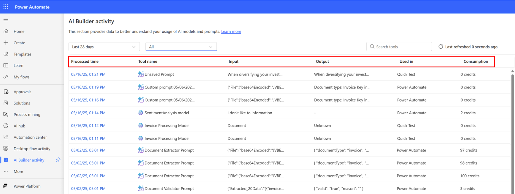 Screenshot of the 'AI Builder activity' page in Power Automate.