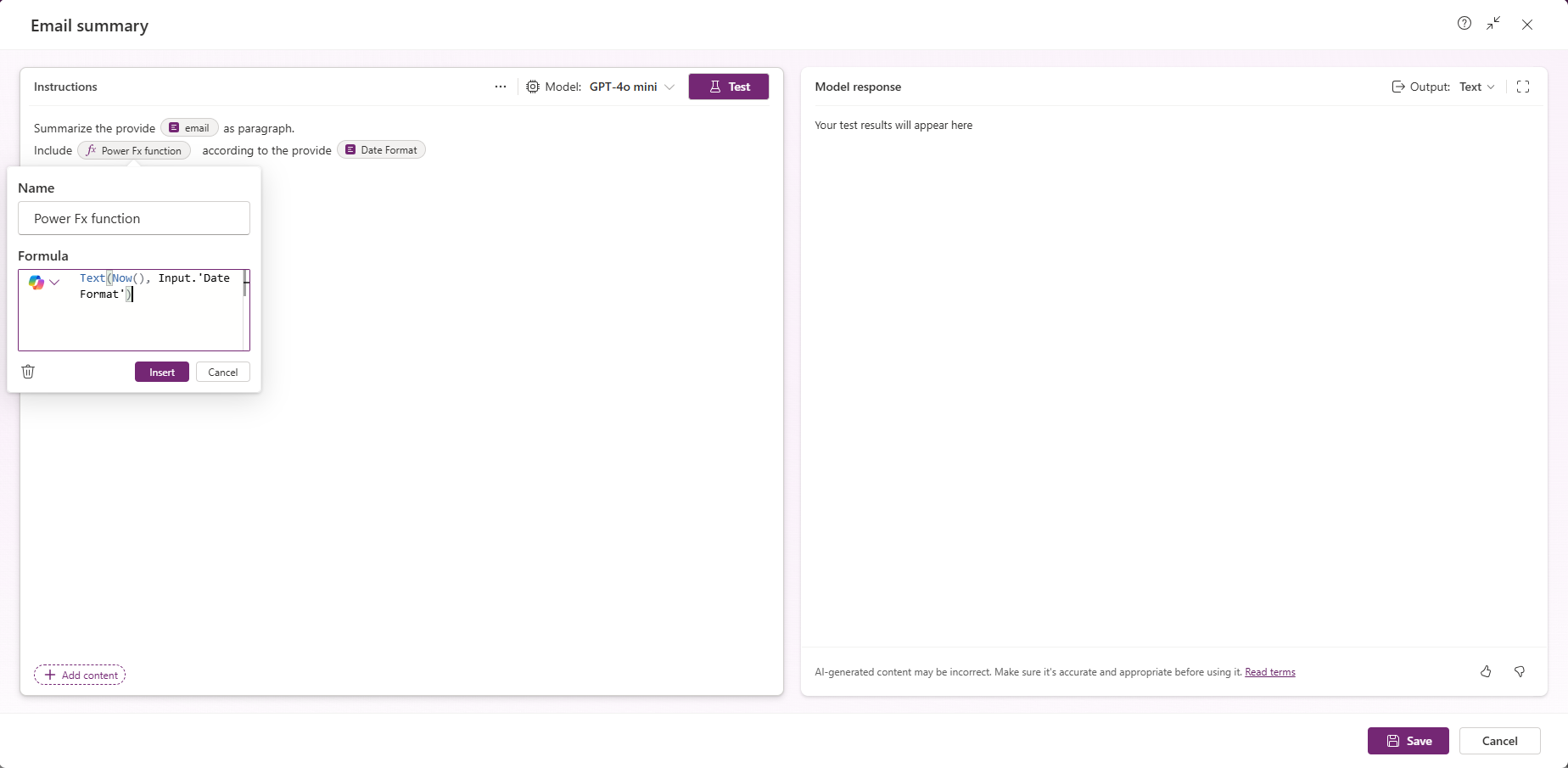 Screenshot of using Power Fx formulas in a prompt.