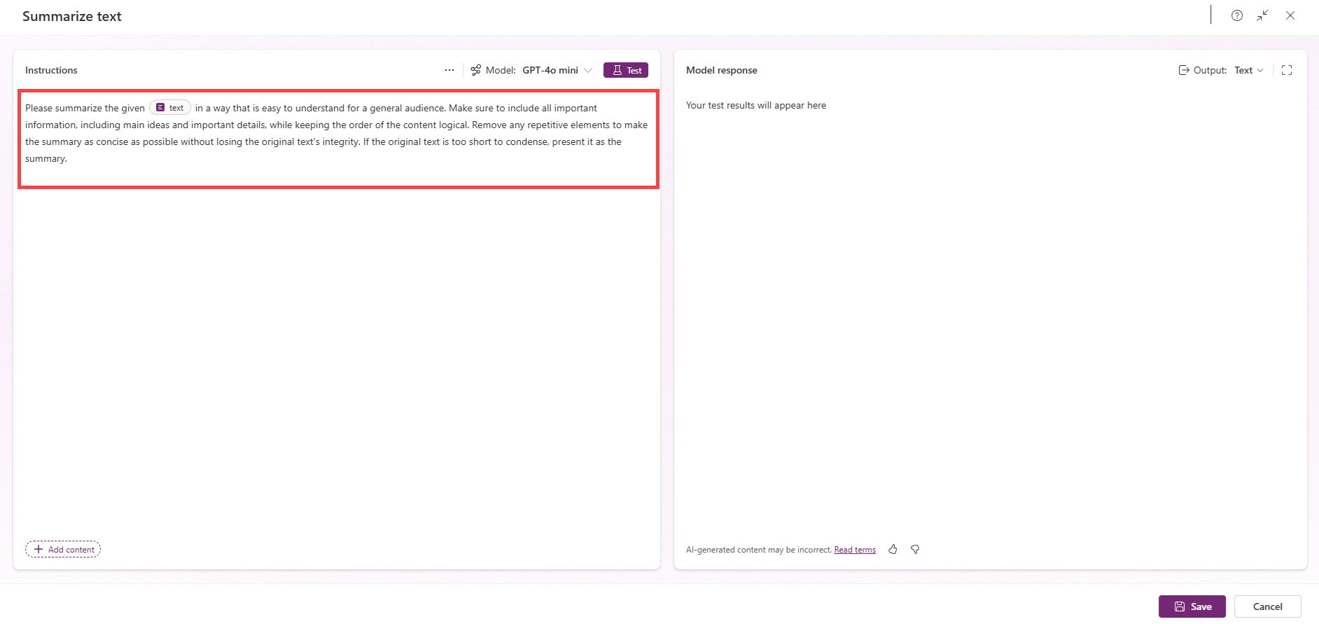 Screenshot of summarizing with a text input.