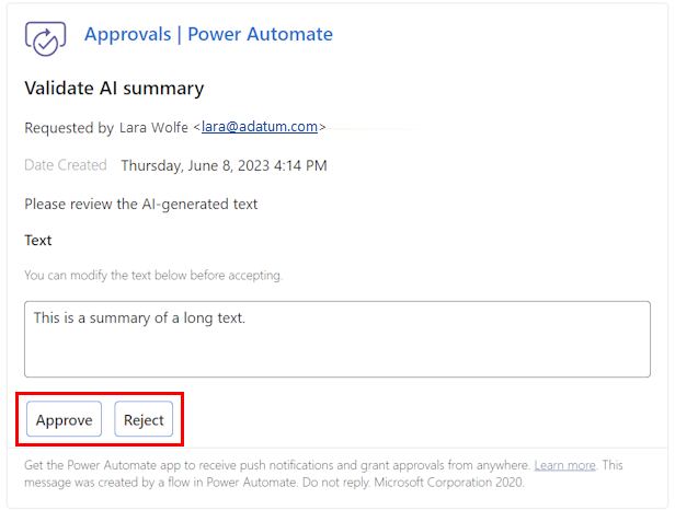 Screenshot of approval text edit.