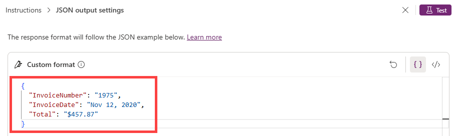 Screenshot of a custom JSON format.