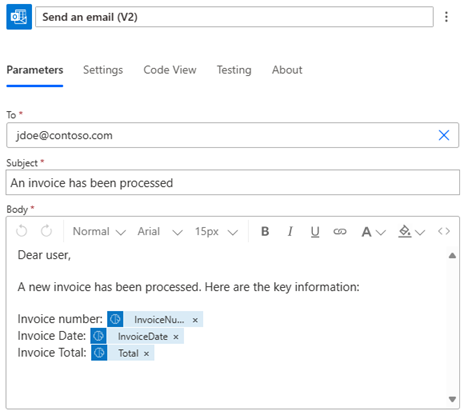Screenshot of an email body showing JSON fields.