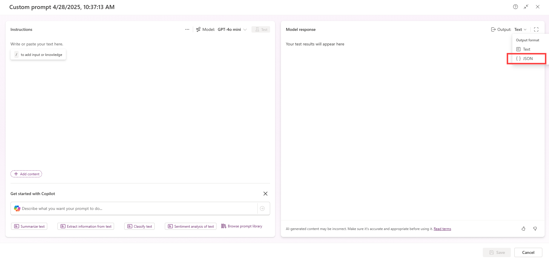 Screenshot of selections on the 'Prompt with JSON' page.