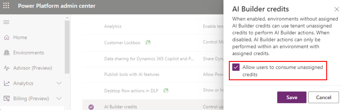 Screenshot of the option to allow users to consume unassigned credits in Power Platform admin center.