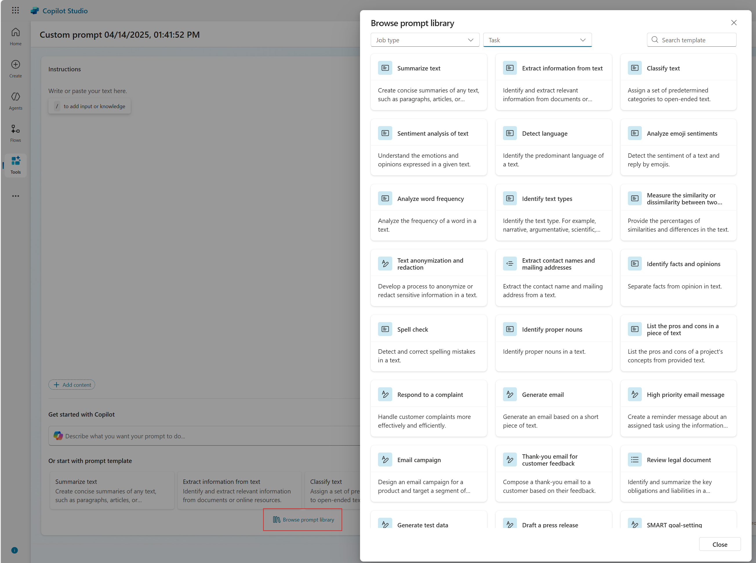 Screenshot of the 'Browse prompt library' screen in Copilot Studio prompt builder.