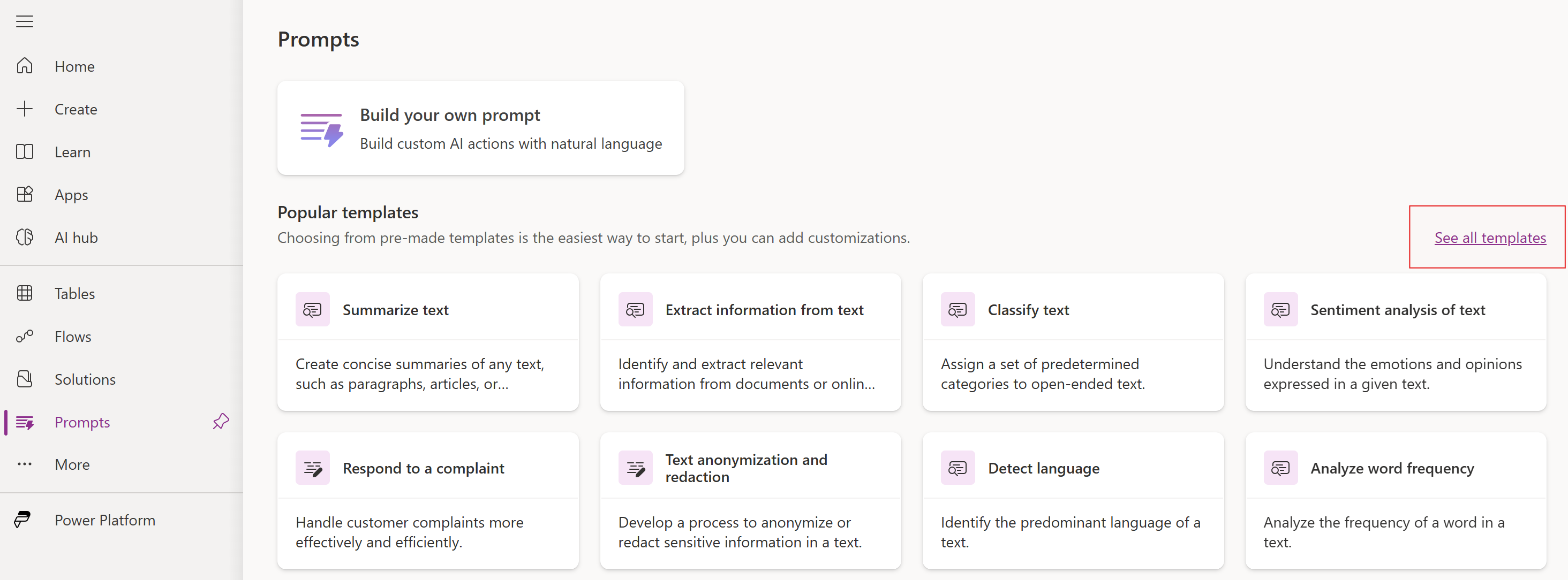 Screenshot of the template selection screen in the prompt library.