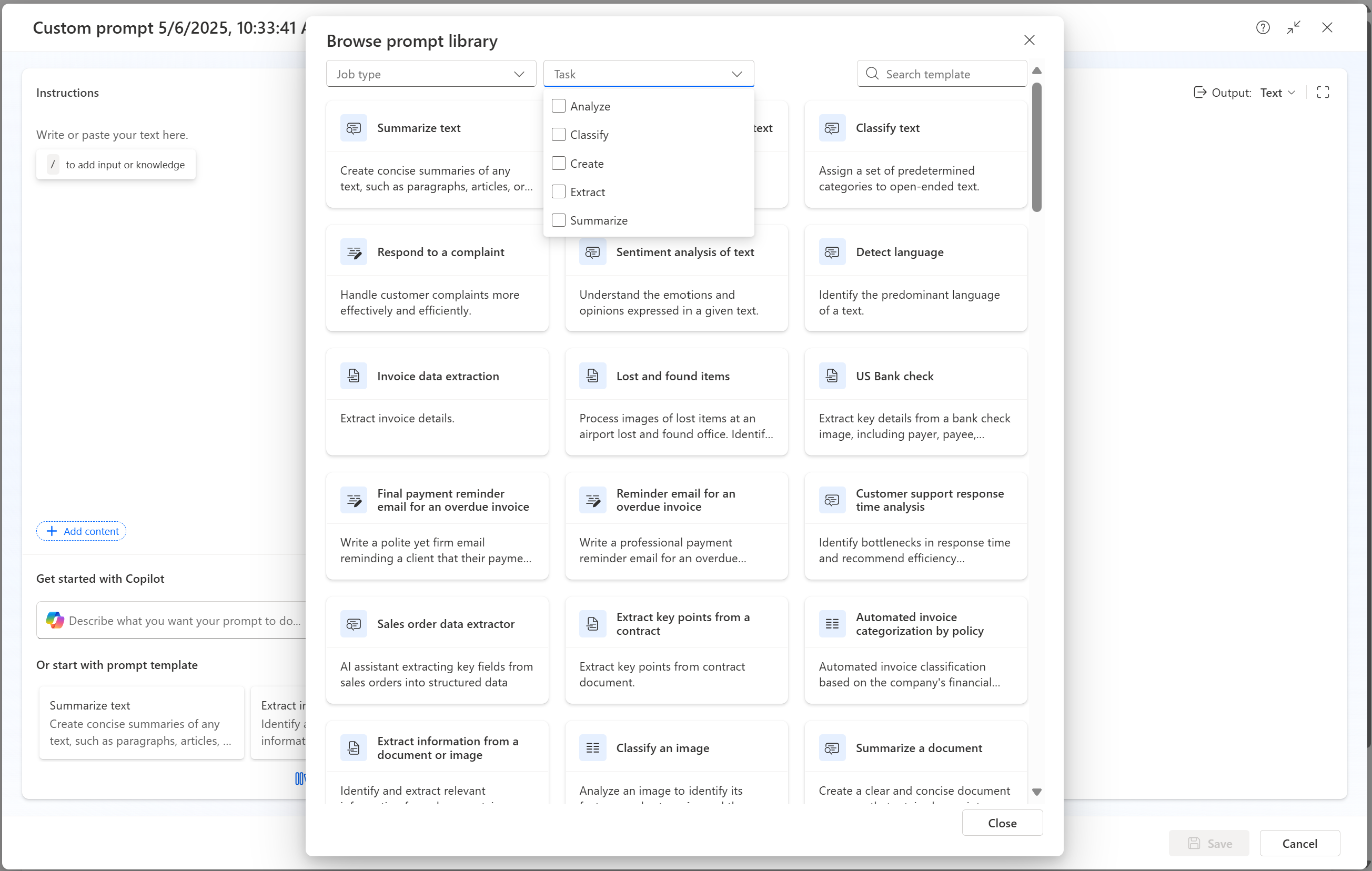 Screenshot of the template selection in the 'Prompt library' screen.