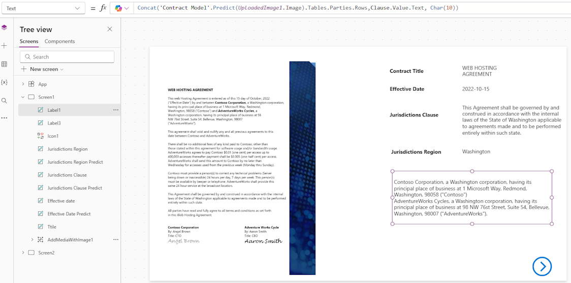 Screenshot of a first clause field with concatenated text values for a contract document.