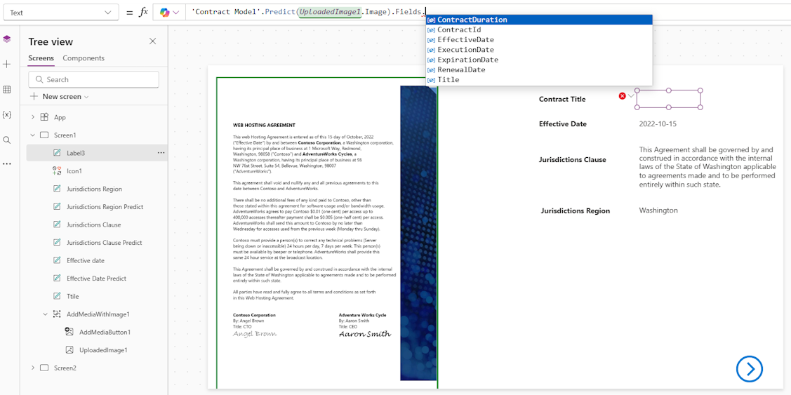 Screenshot of all available text fields for a contract document.