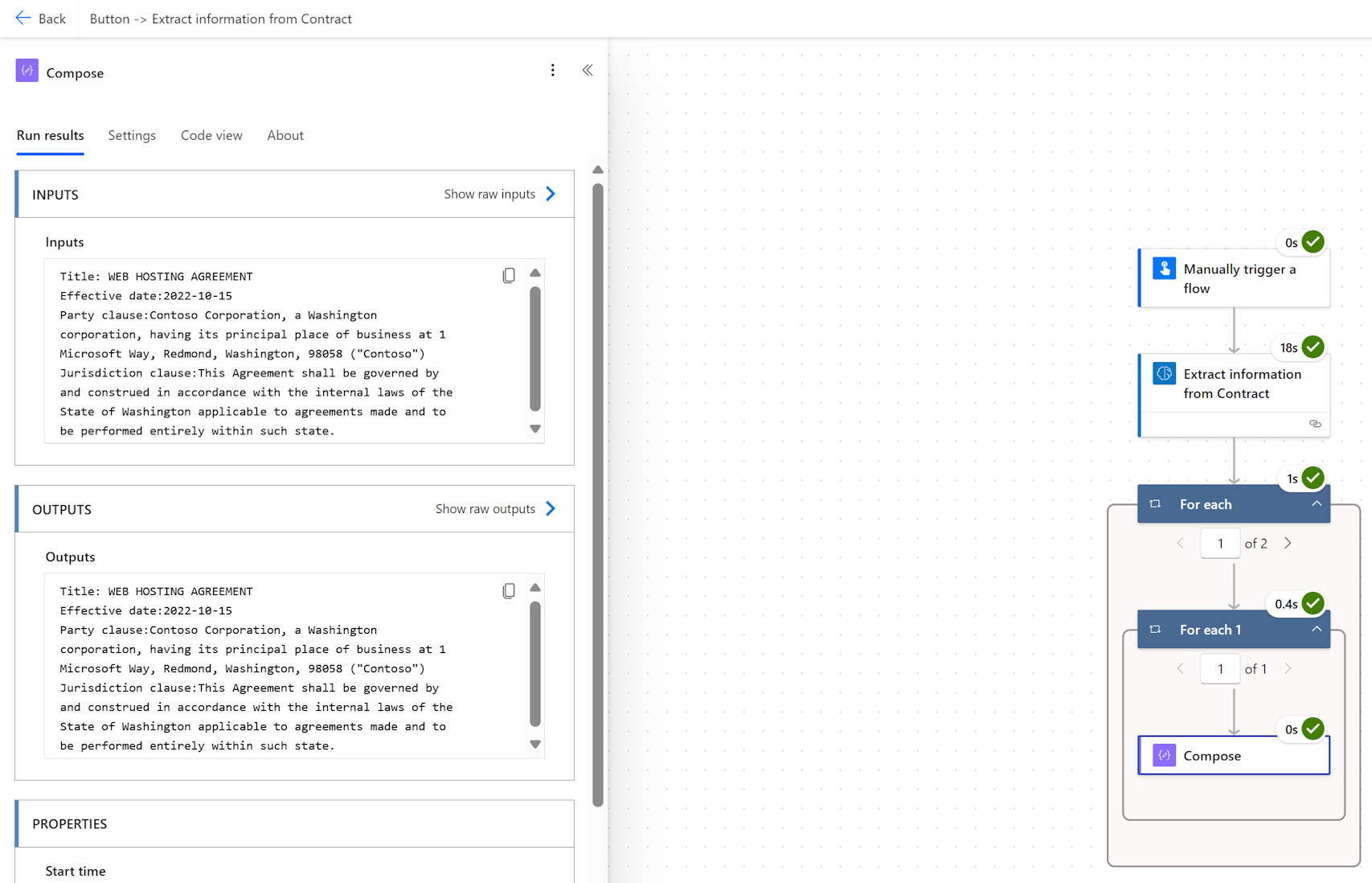 Screenshot of a manually triggered extract information step in a flow, with a contract document selected and output the result in a data operation.