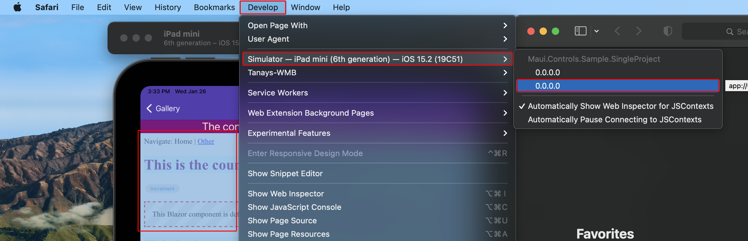 Safari Develop Simulator open showing two entries for "0.0.0.0" with the second entry selected because it highlights the BlazorWebView in the Visual Studio emulator UI.