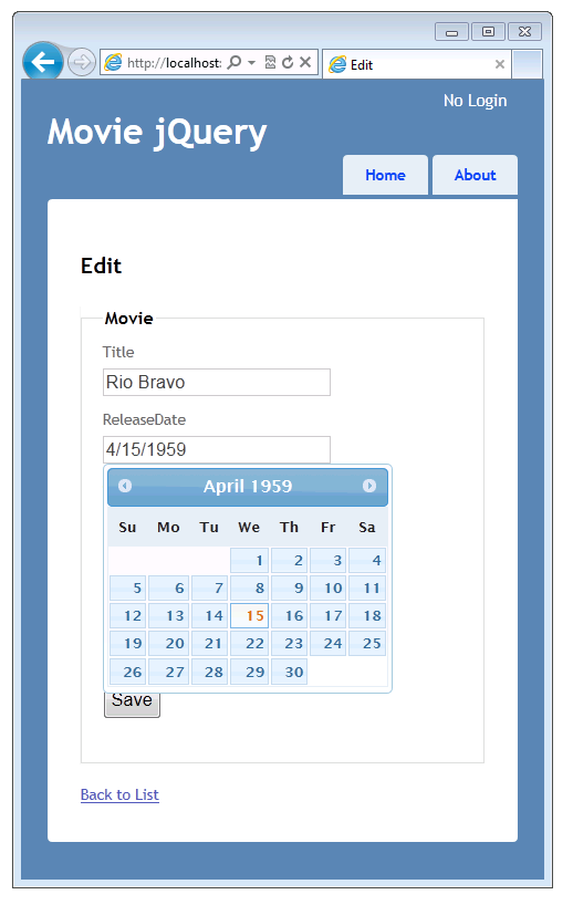Screenshot of the Movie jQuery window showing the Details view with the set values for the selected movie listed.