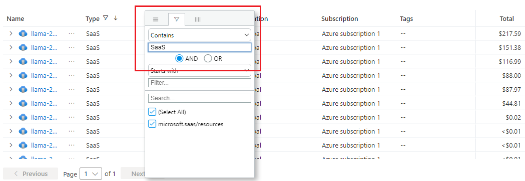 A screenshot of how to filter by resource type containing the string 'SaaS'.