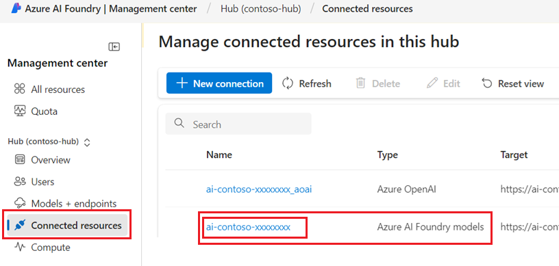 Screenshot of AI Foundry connection details.