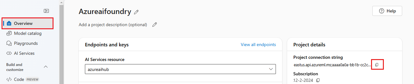 Screenshot shows the overview page of a project and the location of the connection string.
