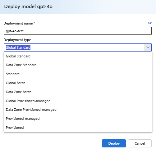Screenshot that shows the model deployment dialog in Azure AI Foundry portal with a deployment type highlighted.