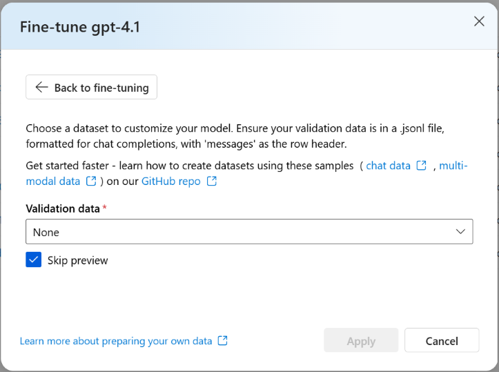 Screenshot of the Validation data pane for the Create custom model wizard in Azure AI Foundry portal.