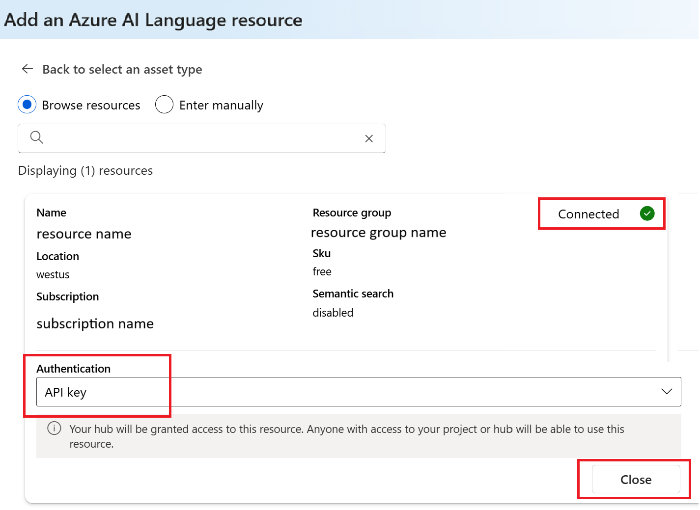 Screenshot of connect search resource selector in the Azure AI Foundry.