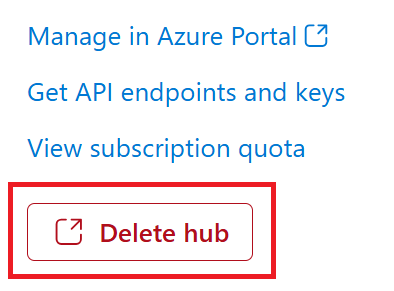 Screenshot of the Delete hub button in the Azure AI Foundry.