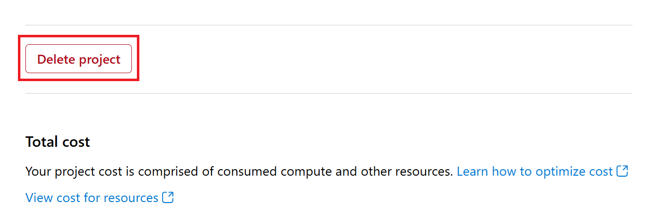 Screenshot of the Delete project button in the Azure AI Foundry.