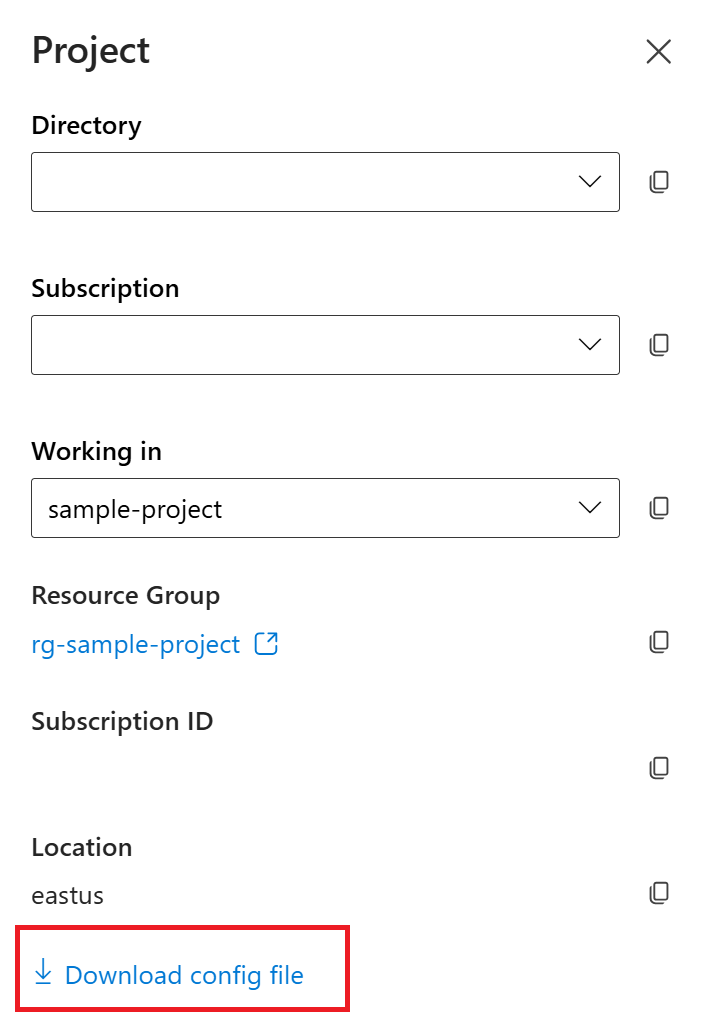 Screenshot of project drop-down menu with the download config file hyperlink in the Azure AI Foundry.