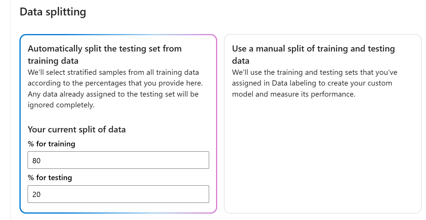 Screenshot of data splitting option in the Azure AI Foundry.