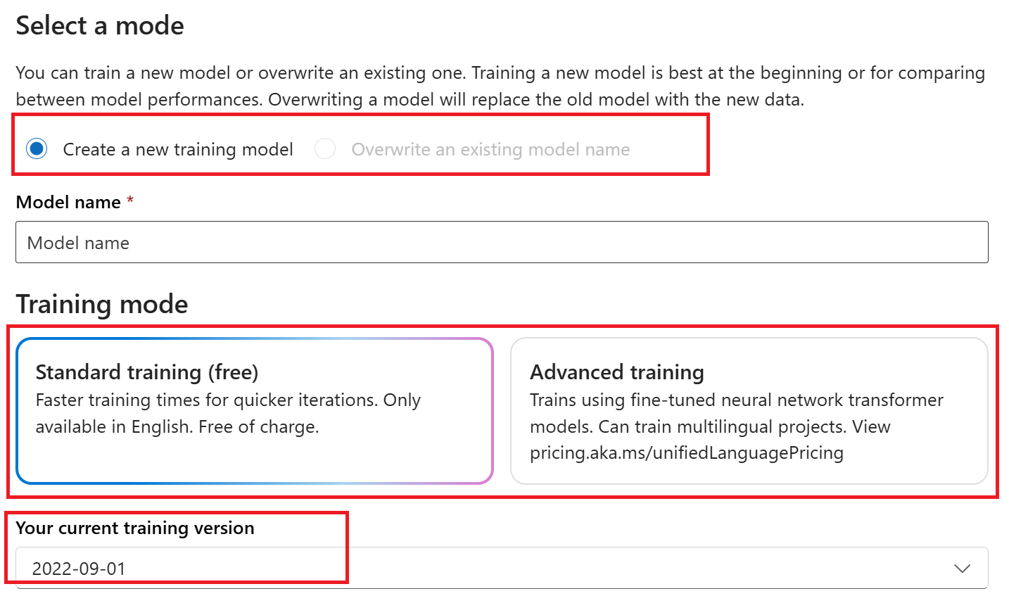 Screenshot of select a mode options in the Azure AI Foundry.