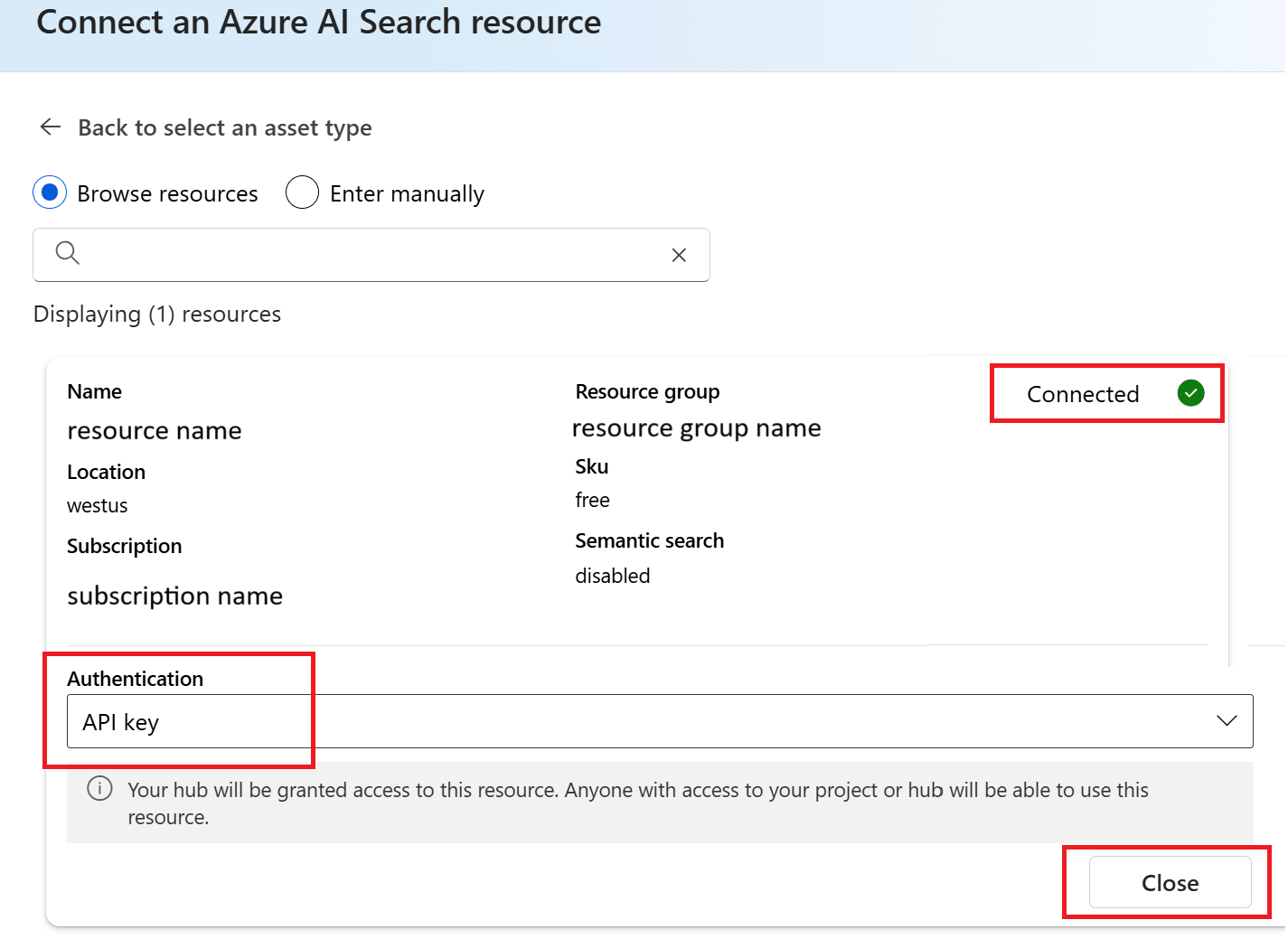 Screenshot of connect search resource selector in the Azure AI Foundry.