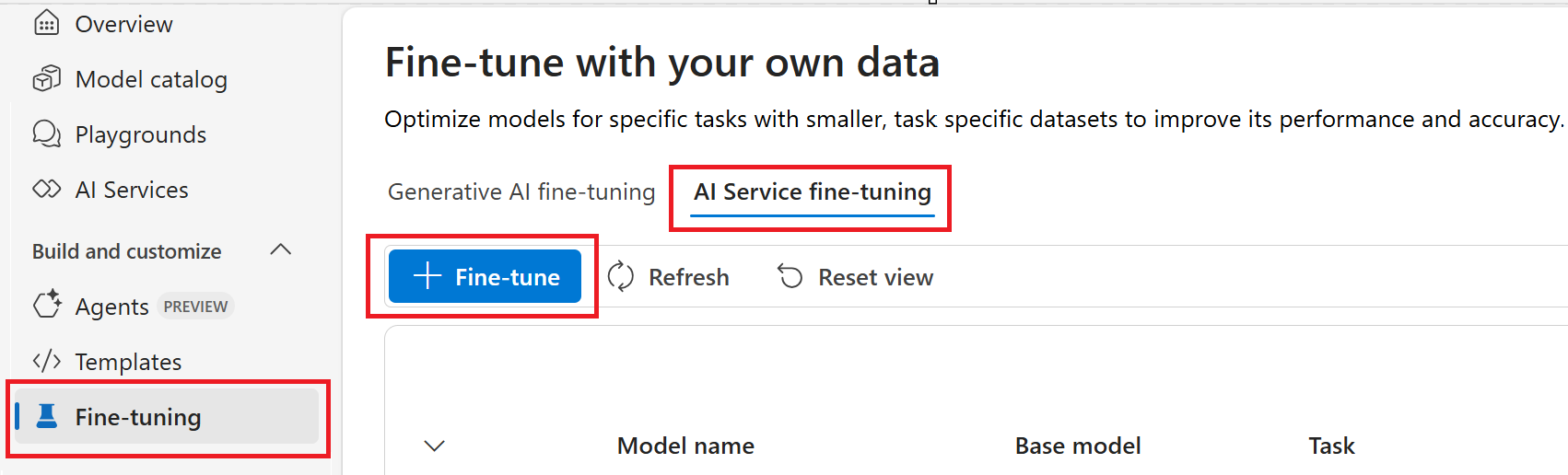 Screenshot of the fine tuning selector in the Azure AI Foundry.