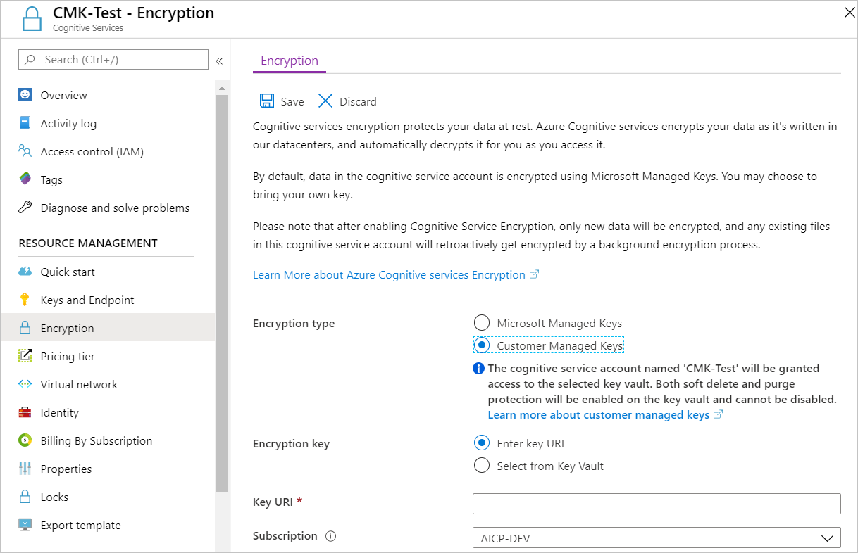 Screenshot of the Encryption settings page for an AI Foundry resource. Under Encryption type, the Customer Managed Keys option is selected.