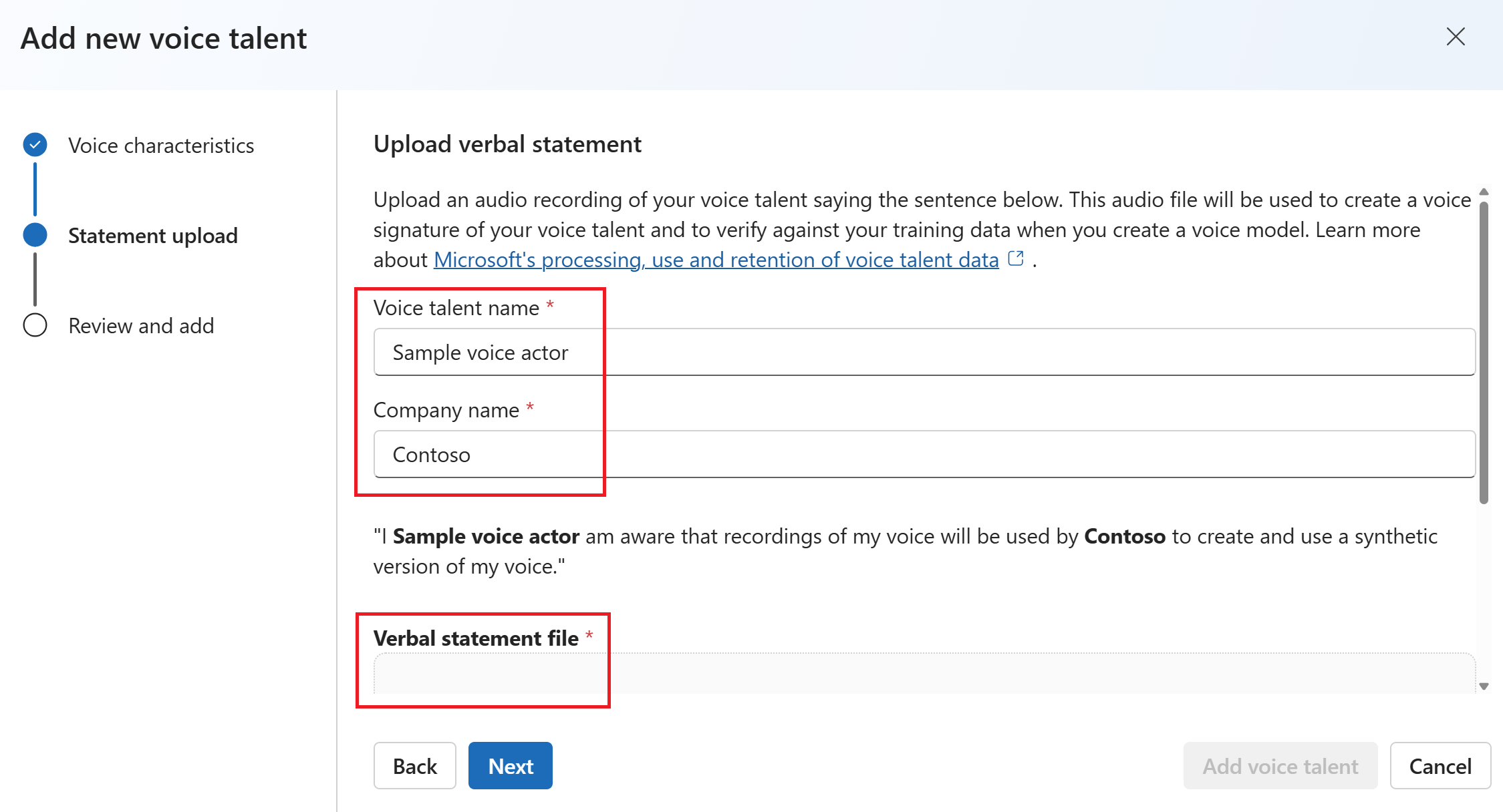 Screenshot of the voice talent statement upload dialog.