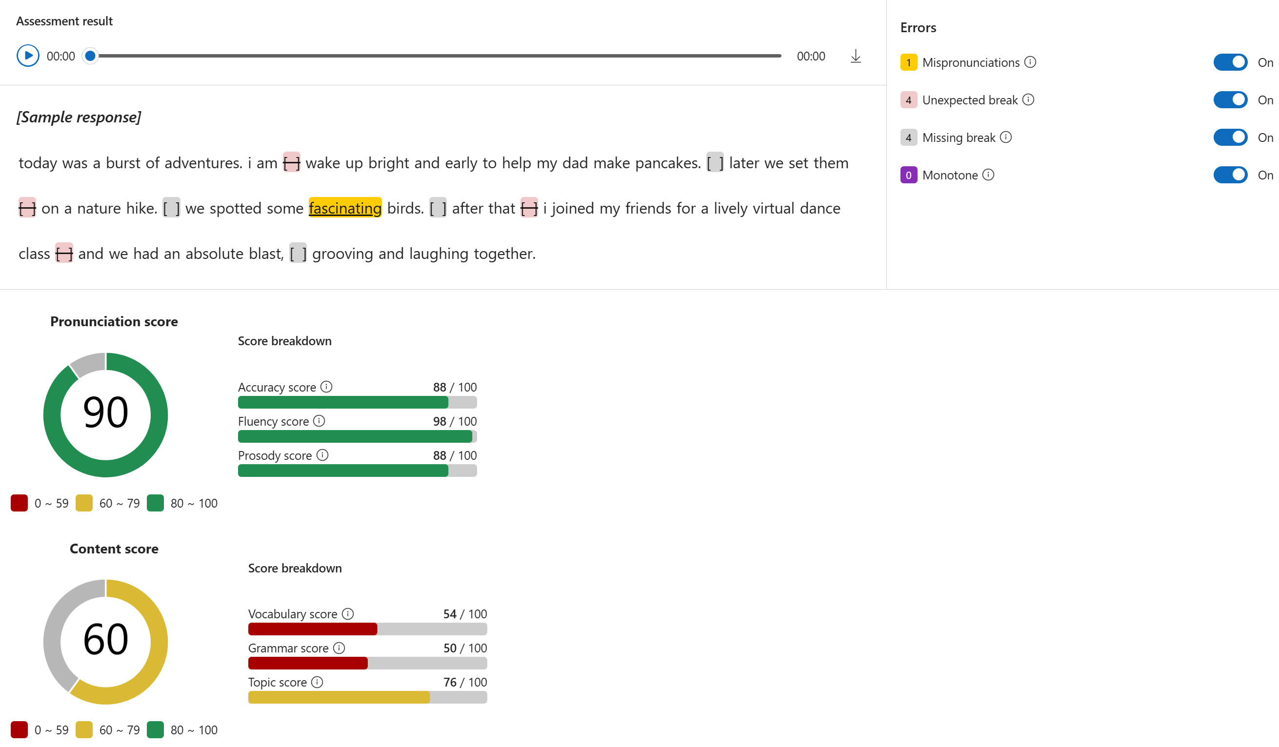 Screenshot of overall pronunciation score and overall content score in Azure AI Foundry.
