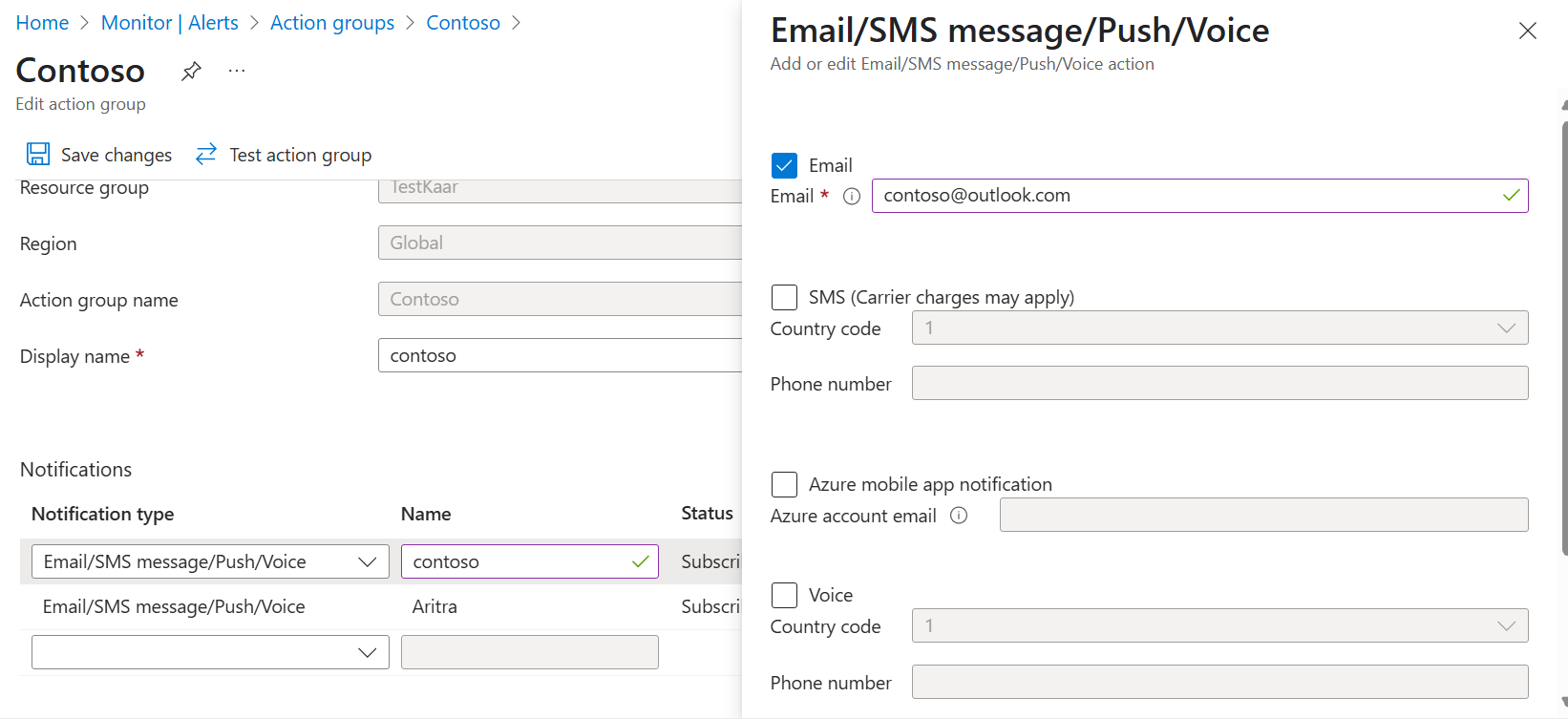 The screenshot of entering appropriate email or SMS into an action group.