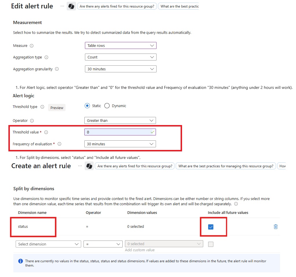 The screenshot of the configuration options for alert conditions.